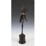 After Giambologna, a bronze figure of Mercury, raised on stepped circular black marble plinth,