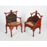 Four Japanese red lacquer carved and painted wood armchairs, late 19th/early 20th century, each of