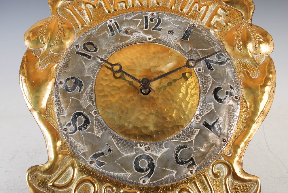 An Arts & Crafts brass and white metal 'wag at the wa' wall clock, the white metal chapter ring - Image 7 of 9