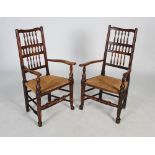 A set of eight 19th century ash Lancashire spindle back dining chairs, with woven rush seats, raised