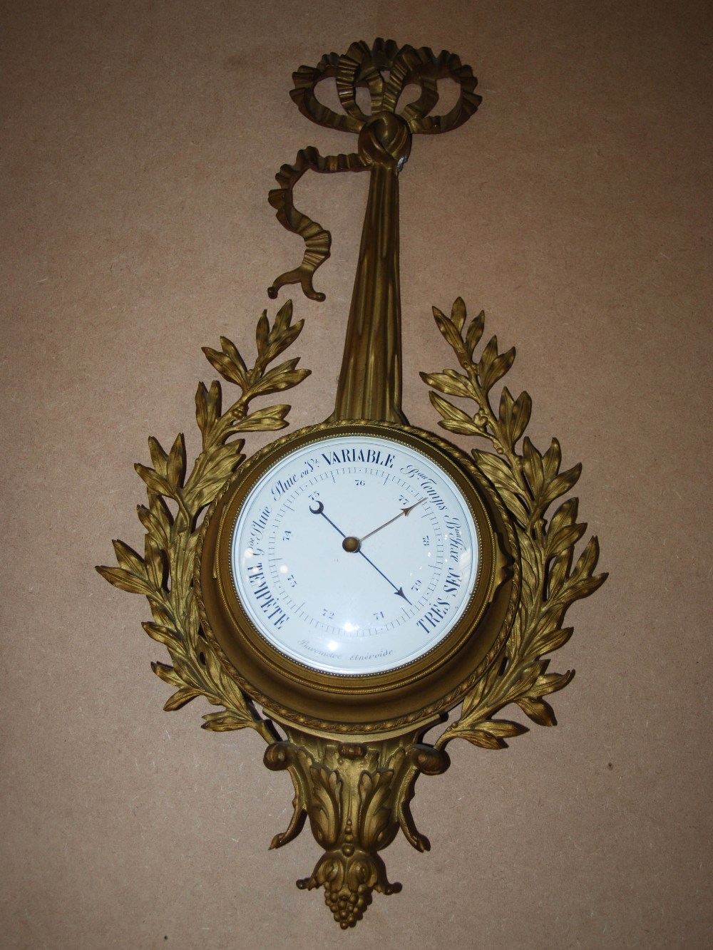 A late 19th/ early 20th century French gilt metal wall clock and matching barometer, both with white - Image 5 of 10