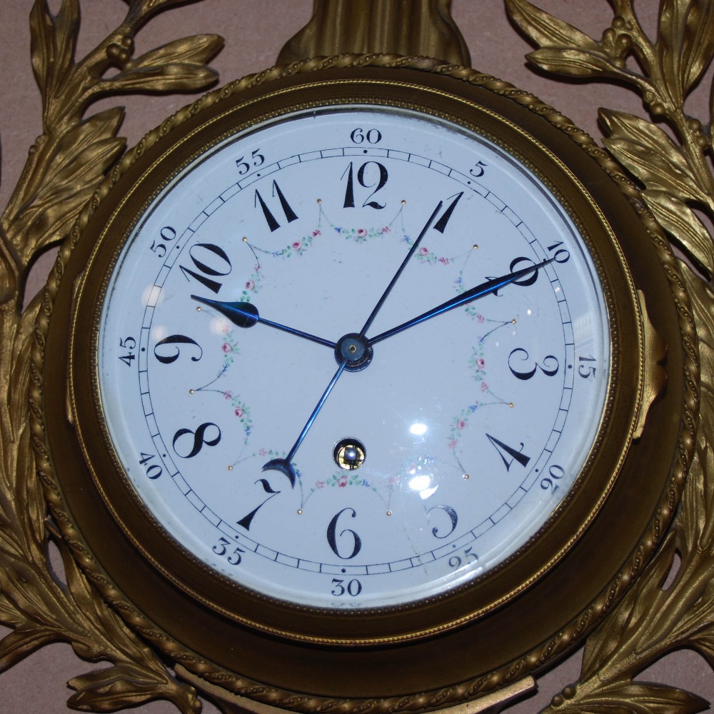 A late 19th/ early 20th century French gilt metal wall clock and matching barometer, both with white - Image 3 of 10