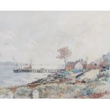 AR Robert Eadie RSW (1877-1954) West Coast scene with cottages, pier and steamers watercolour,