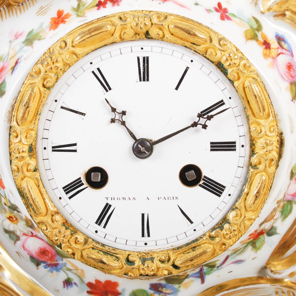 Thomas, Paris, a 19th century Paris porcelain and ormolu mounted Rococo style mantel clock on stand, - Image 8 of 13