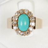 A late 19th century yellow metal, turquoise and diamond cluster ring, centred with an oval