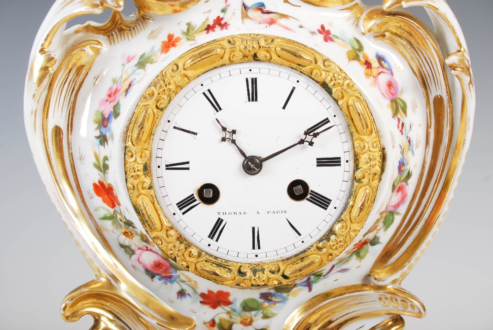 Thomas, Paris, a 19th century Paris porcelain and ormolu mounted Rococo style mantel clock on stand, - Image 7 of 13