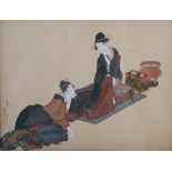 A 19th century Japanese silk picture signed Katsushika Hokusai, depicting two bijin at leisure, 25.