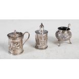 A Chinese silver three piece cruet set, Qing Dynasty, Wang Hing, makers mark of WH, comprising: