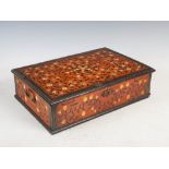 An 18th/19th century Indo Portuguese rosewood, ebony and ivory inlaid box, the hinged cover inlaid