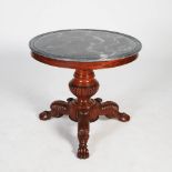 A 19th century French Empire mahogany and marble centre table, the mottled grey and white circular