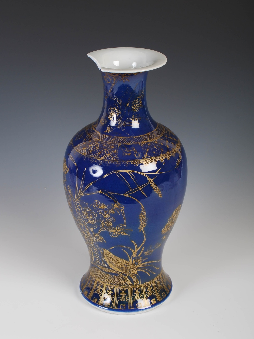A Chinese porcelain powder blue ground vase, Qing Dynasty, with gilded decoration of peony and birds - Image 2 of 12