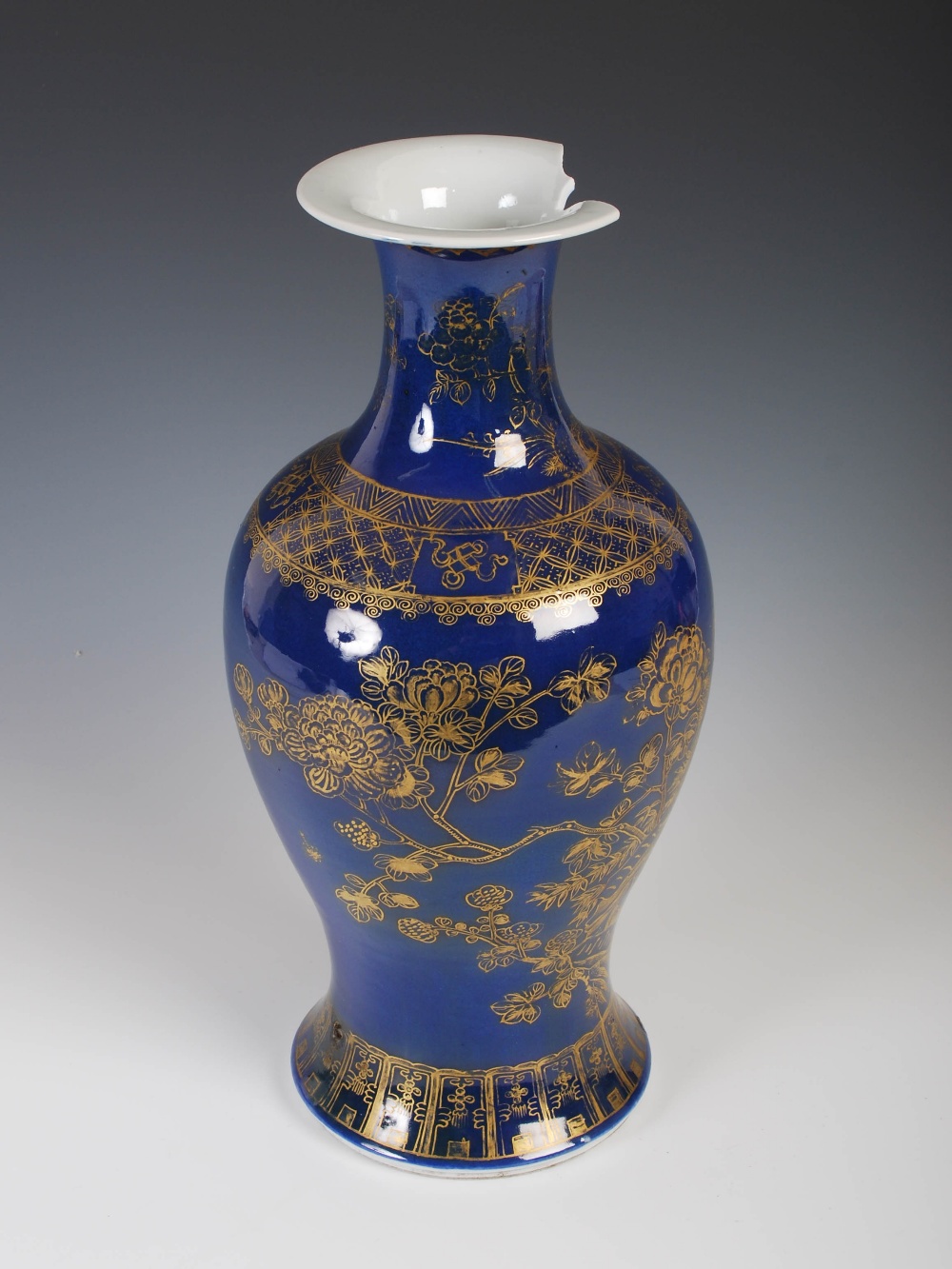 A Chinese porcelain powder blue ground vase, Qing Dynasty, with gilded decoration of peony and birds - Image 4 of 12