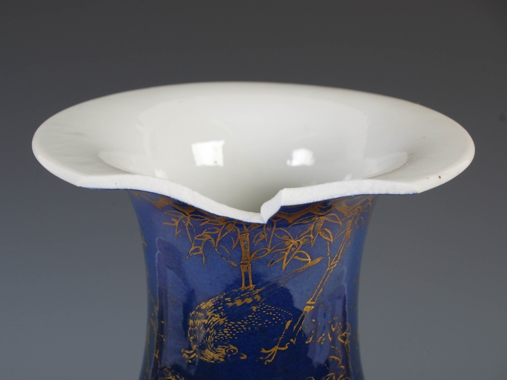 A Chinese porcelain powder blue ground vase, Qing Dynasty, with gilded decoration of peony and birds - Image 11 of 12