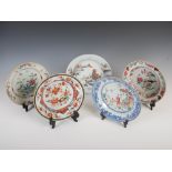 Five assorted Chinese porcelain soup plates, Qing Dynasty, 23cm diameter, (5).