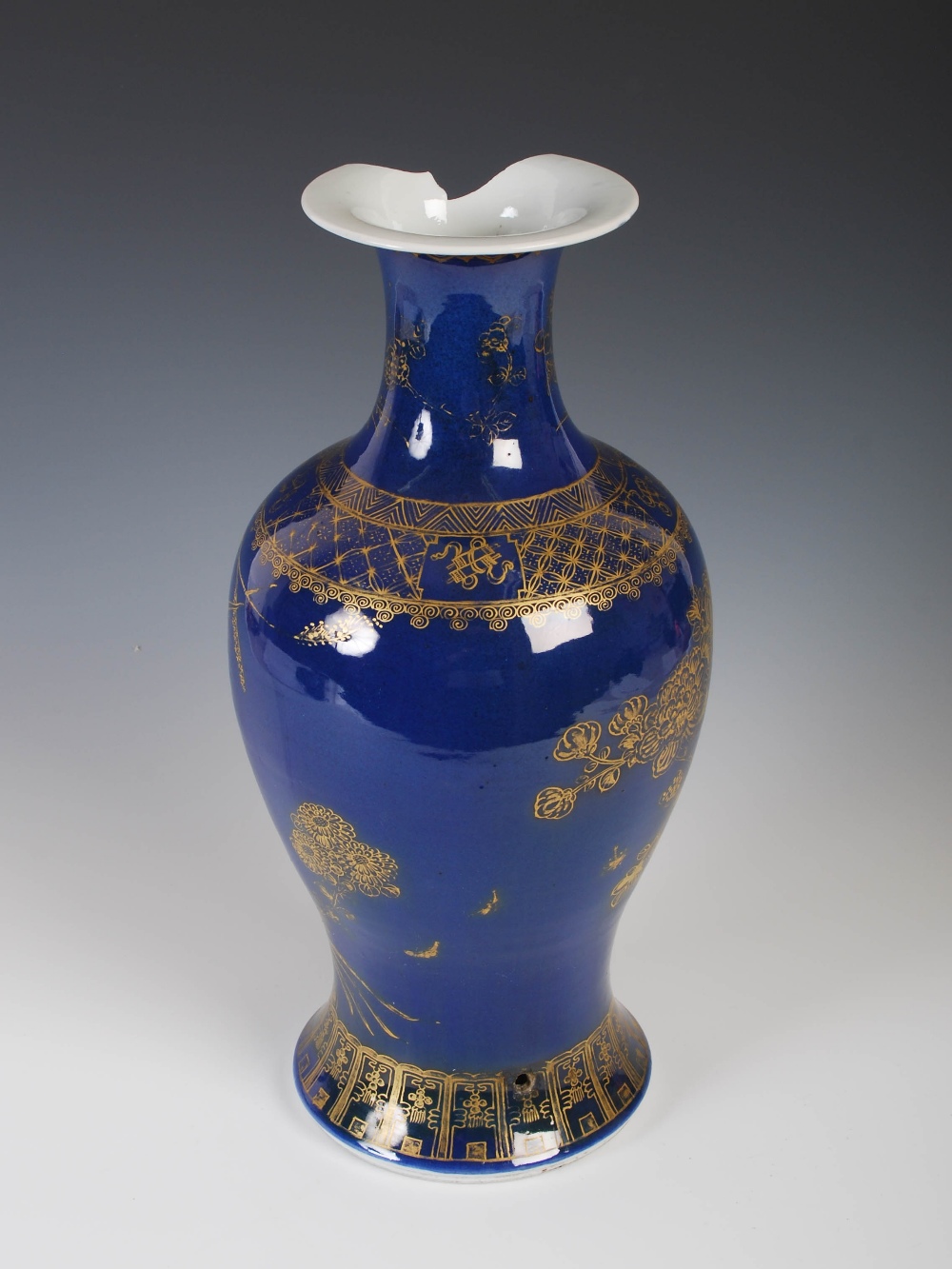 A Chinese porcelain powder blue ground vase, Qing Dynasty, with gilded decoration of peony and birds - Image 3 of 12