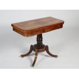 A 19th century rosewood and brass inlaid pedestal card table, the hinged rectangular top with a