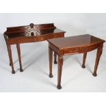 A George III style mahogany bow front console table and matching smaller console table, the larger