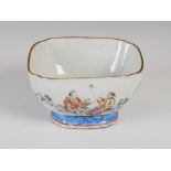 A Chinese porcelain famille rose square shaped bowl, Qing Dynasty, the exterior decorated with pairs