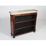 A 19th century Regency style rosewood and brass inlaid open bookcase, the mottled white and grey