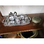 Plated tea set, tray and jewellery box