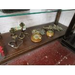 Shelf of metal ware etc to include candlesticks