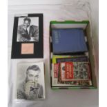 Box of film star photographs, books and other ephemera to include signed Nat King Cole portrait