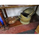 Copper warming pan and brass coal bucket