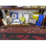 Shelf of collectables to include enamel jug, tea cards etc