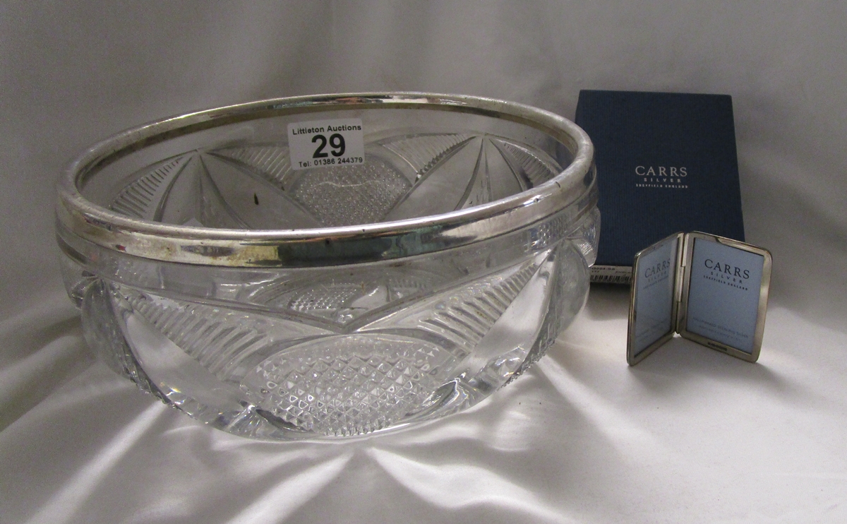 Silver CARRS picture frame with box and silver rimmed cut glass fruit bowl