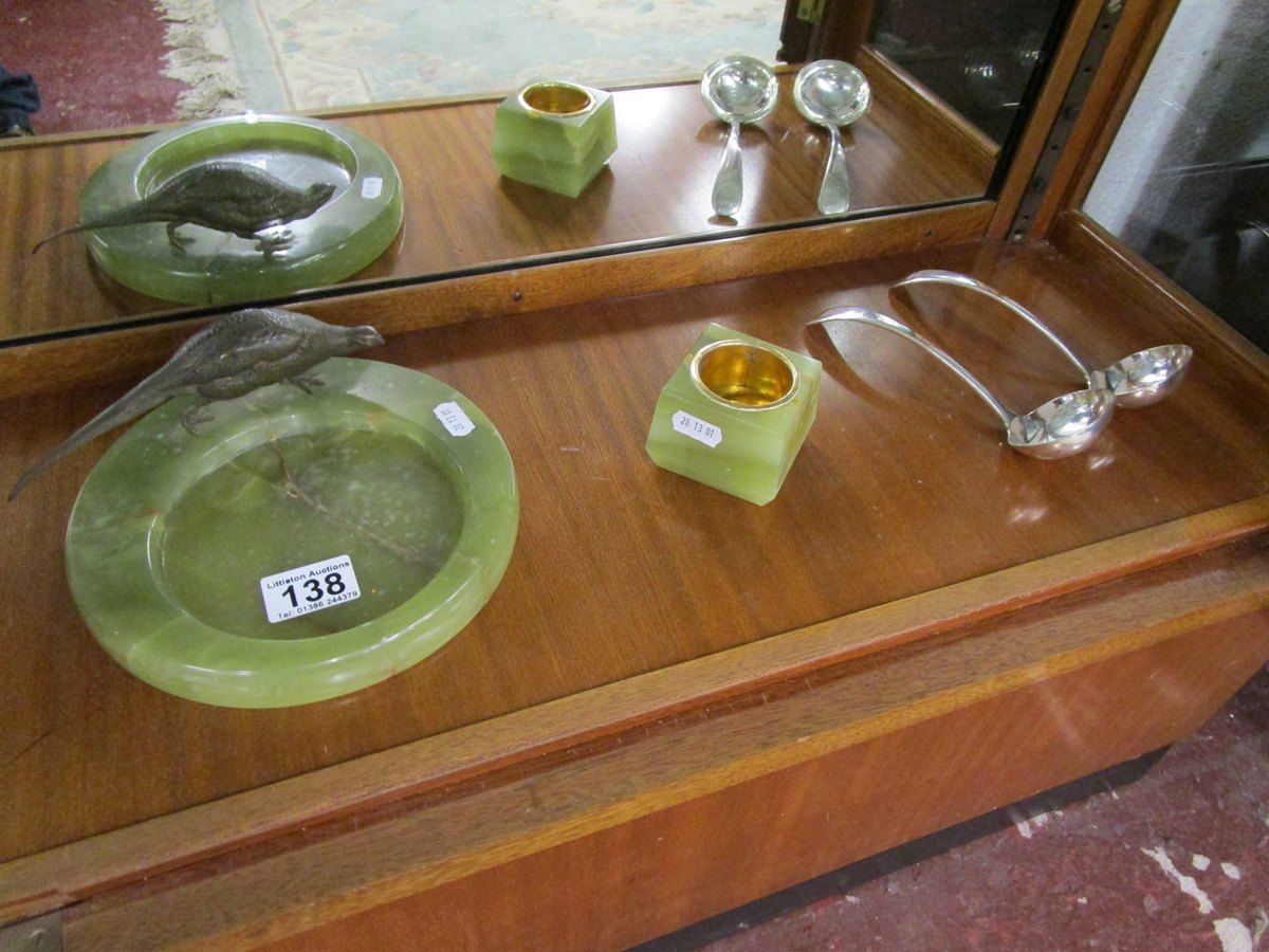 Onyx pheasant ashtray, onyx pot and 2 Mappin & Webb ladles