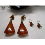 2 pairs of silver & amber earrings