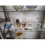 Shelf of glass and china to include Royal Doulton toby jugs