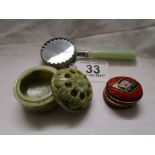 Chinese soapstone lidded pot, jade pill box & jade handled mirror