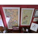 Large pair of Oriental watercolours on silk