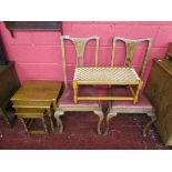 Pair of inlaid chairs, stool and nest of 3 oak tables