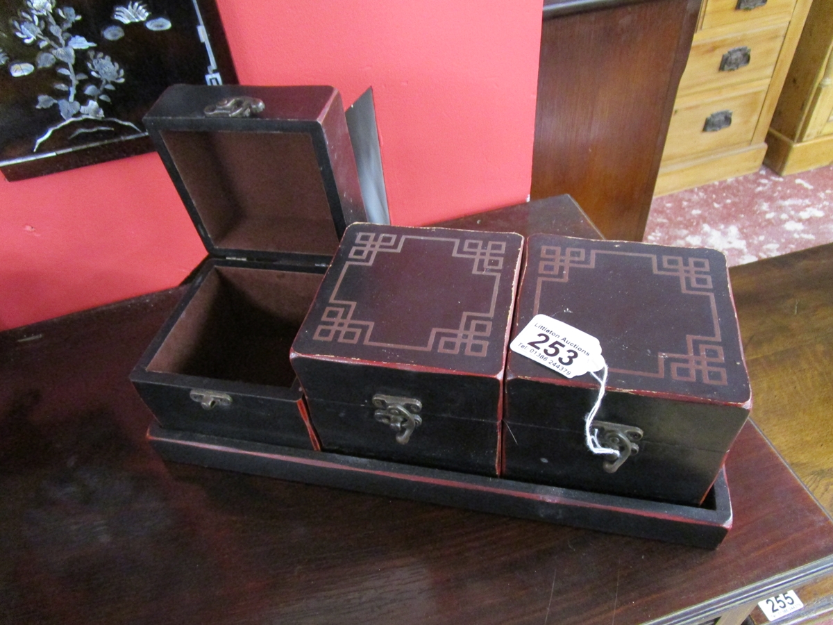 Set of 3 Oriental storage boxes on tray