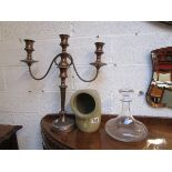 Ships glass decanter, candelabra and stoneware salt cellar