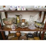 Shelf of collectables to include glass, copper & silver plate