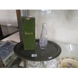 Pewter tray & Harrods boxed glass vase