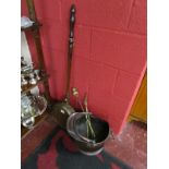 Copper warming pan, coal bucket and toasting forks etc