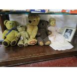 Vintage teddy bears to include mohair and a doll with picture of owner