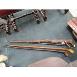 4 walking sticks to include 1 ebony & bone handled