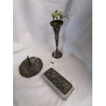 Silver topped powder flask, ring tree & tulip vase