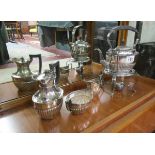 Silver plated spirit kettle, coffee pot, milk & sugar