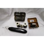 Opera glasses, spectacles in case & shaving kit