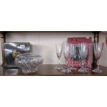 Cut glass rose bowl & set of 6 crystal glasses