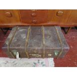 Wooden banded steamer trunk with interior tray