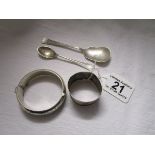 Silver serviette ring, bangle and 2 spoons