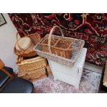 Collection of wicker baskets & a Lloyd loom style linen cupboard