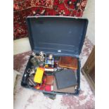 Suitcase full of collectables to include pewter & cameras